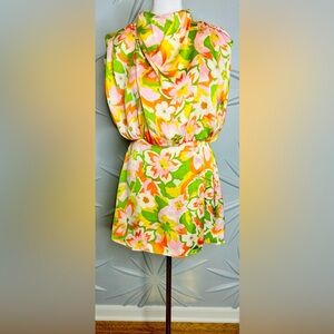Karlie SZ M orange, green, pink & white romper with drape neck, waist 28”-30”.